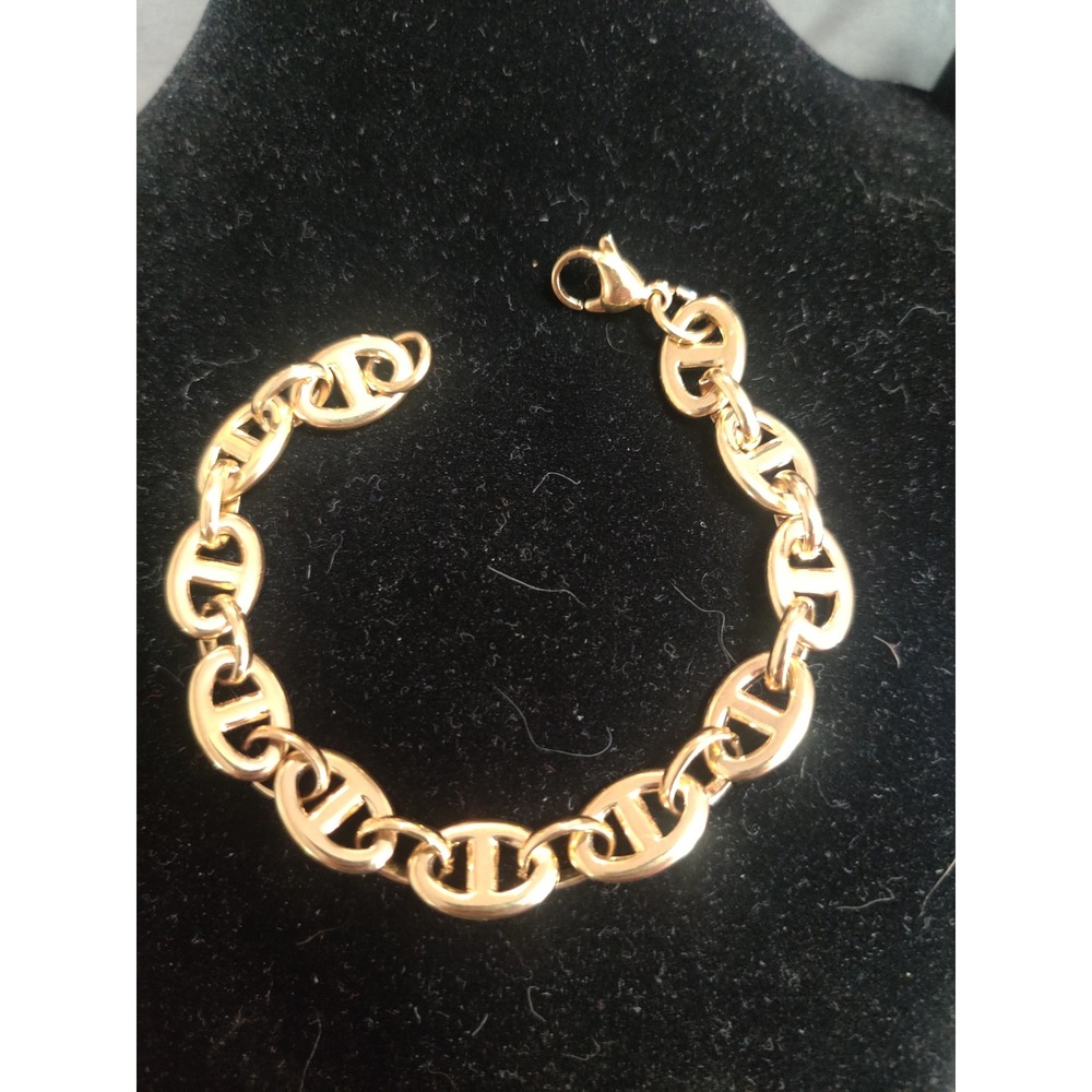 Gold Tone Mariner Link Bracelet Nautical Anchor Chain Lobster Clasp Polished